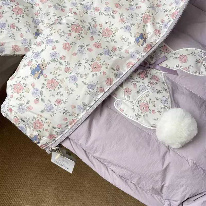Children Two Sides Wear Down Jacket 2025 Winter Baby Girls Sweet Floral Rabbit Print Thickened CottonPadded Warm Hooded ParkasT251016