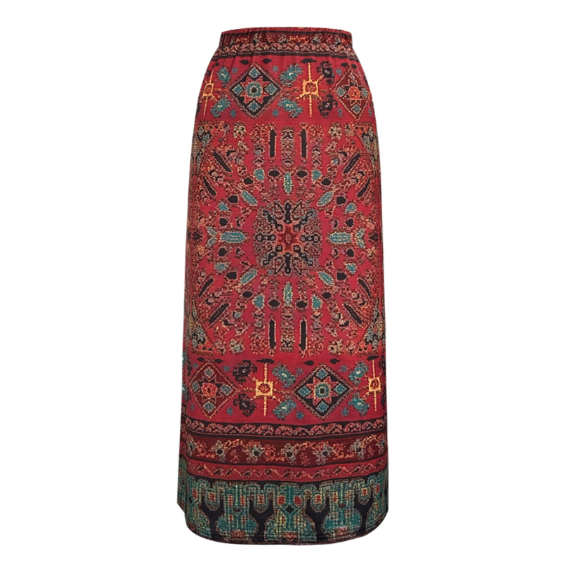 Women's Spring Summer New Ethnic Style Plus Size Midi Skirt - Brick Red Milk Silk Fashion Versatile Skirt-YL24023