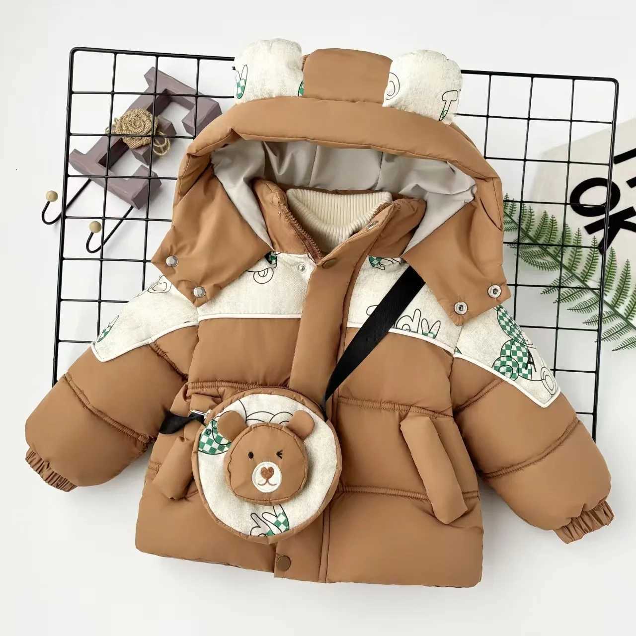 2025 Winter Children Cotton Jacket Baby Boy Girl Cute Bear Color Blocking Thicken Padded Warm Hooded Parka With Bag Kids ClothesT251016