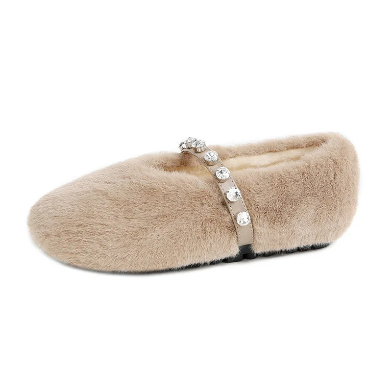 Soft Mink Fur Flats Women Diamonds Belt Mary Janes Winter Fluffy Shoes Ladies Warm Cotton Loafers Slip On Furry Mocasines Mujer 251013