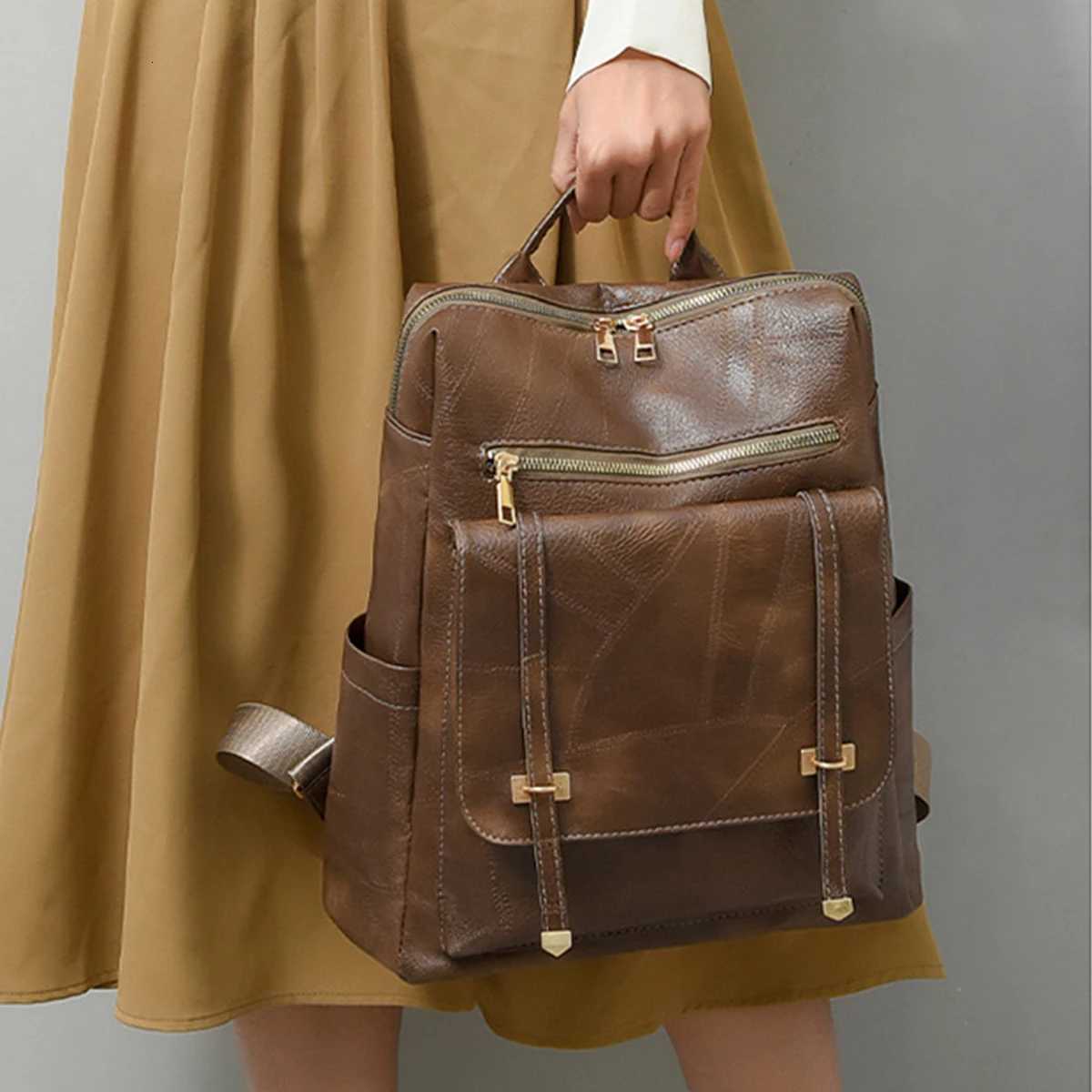 Backpack Trendy Korean Edition Fashion Solid Color Womens Backpack Casual PU Soft Leather Anti Splash Travel BagLJXT251016