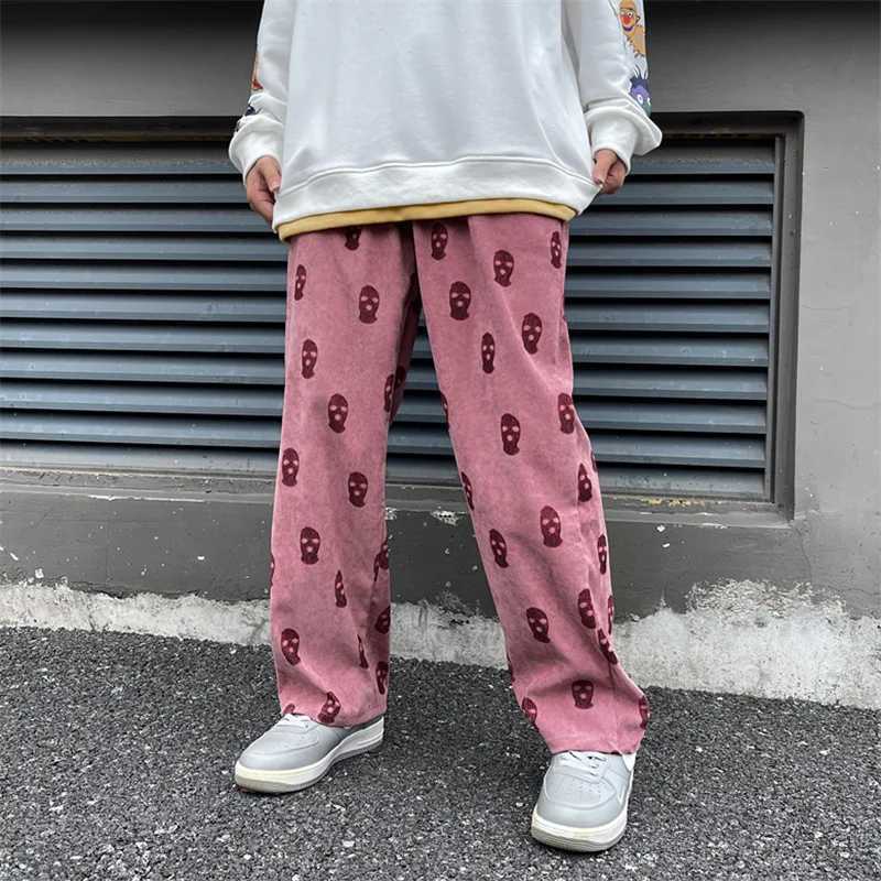 2021 Preppy Style Skull Full Print Drawstring Casual Corduroy Men Baggy Pants Hip Hop Straight Sweatpants Male Loose Trousers J251203