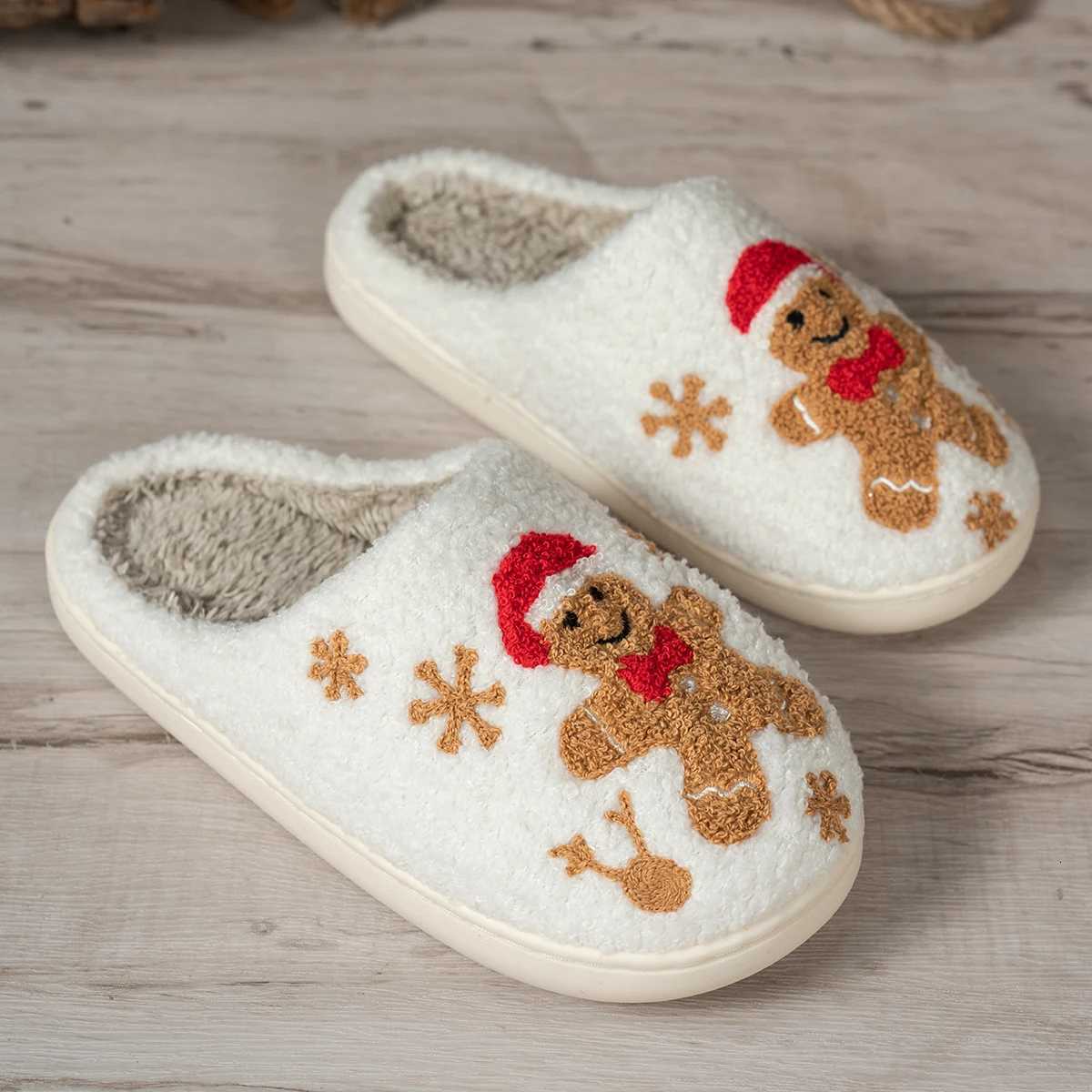 Christmas Winter Indoor Leisure Warm Slippers Embroidery Gingerbread Man Carto Pattern Women Comfy Soft Sole Home Fuzzy ShoesXJ251016