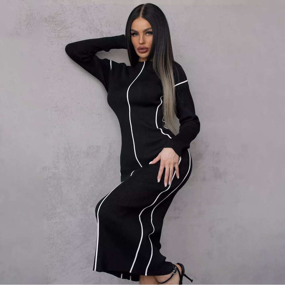 French Style Lazy Half High Collar Striped Color Block Slim Fit For Women High-End Mid-Length Bodycon Dress Autumn B5