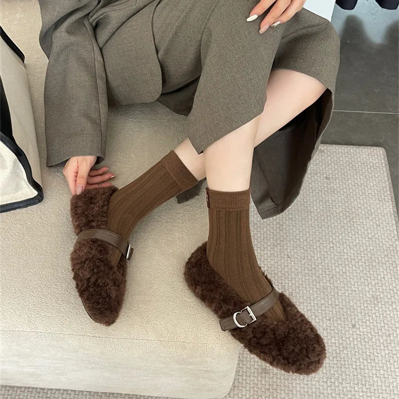 Autumn Winter Furry Warm Women Ballet Flats Fashion Fur Strap Buckle Mary Janes Soft Soles Walking Loafers Casual Dance Shoes 251013