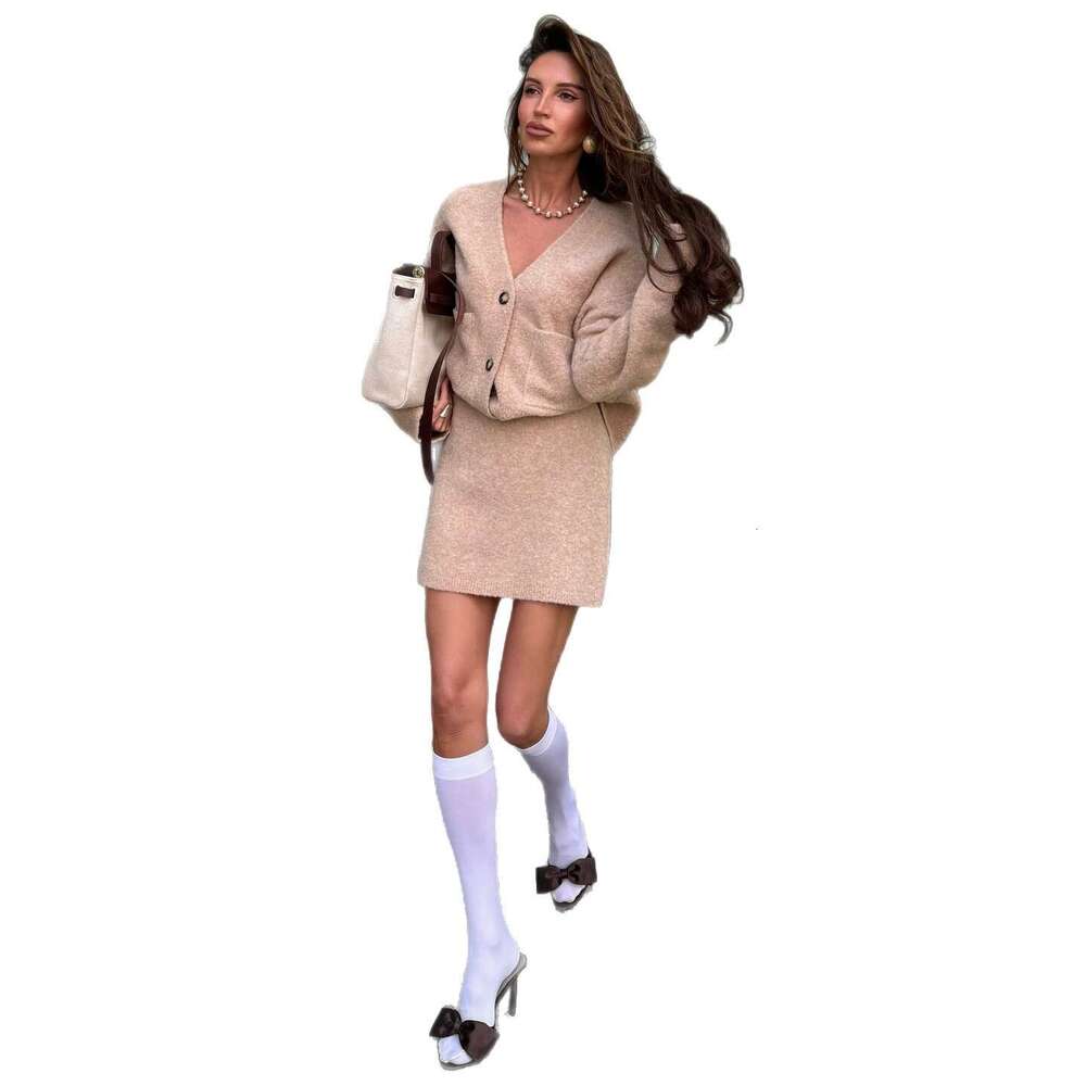 Socialite Style Autumn Winter New Woolen V-Neck Loose Top Coat Mid-Waist A-Line Short Skirt Two-Piece Set B5