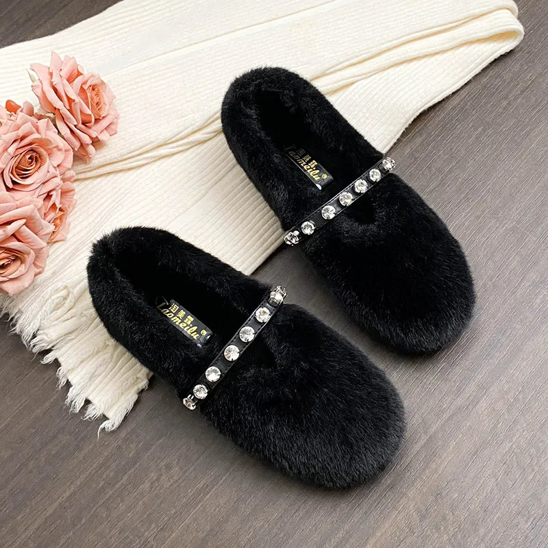 Soft Mink Fur Flats Women Diamonds Belt Mary Janes Winter Fluffy Shoes Ladies Warm Cotton Loafers Slip On Furry Mocasines Mujer 251013