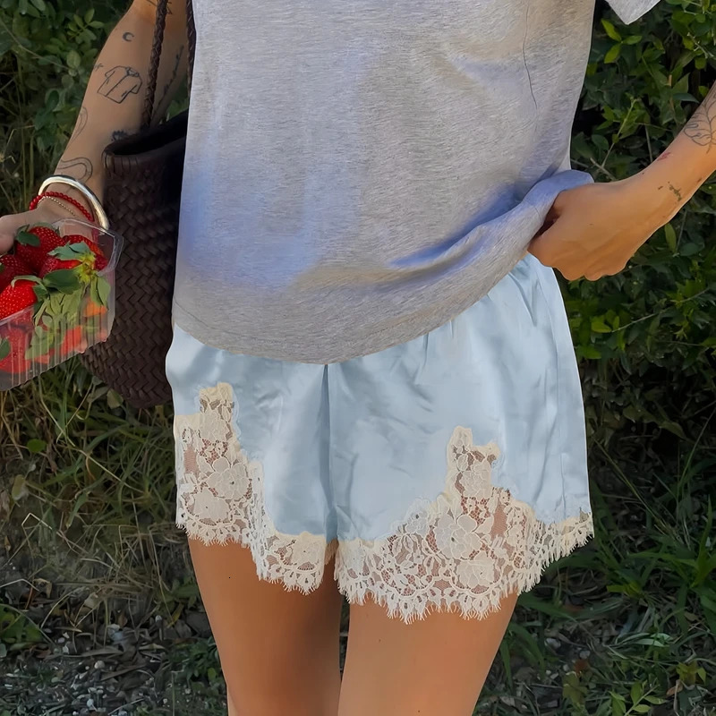 Satin Silk Lace Patchwork Shorts Women Vintage High Rise Lounge Knickers Comfy Soft Silky Pajamas Bottoms Elegant Sleep Shorts 251016