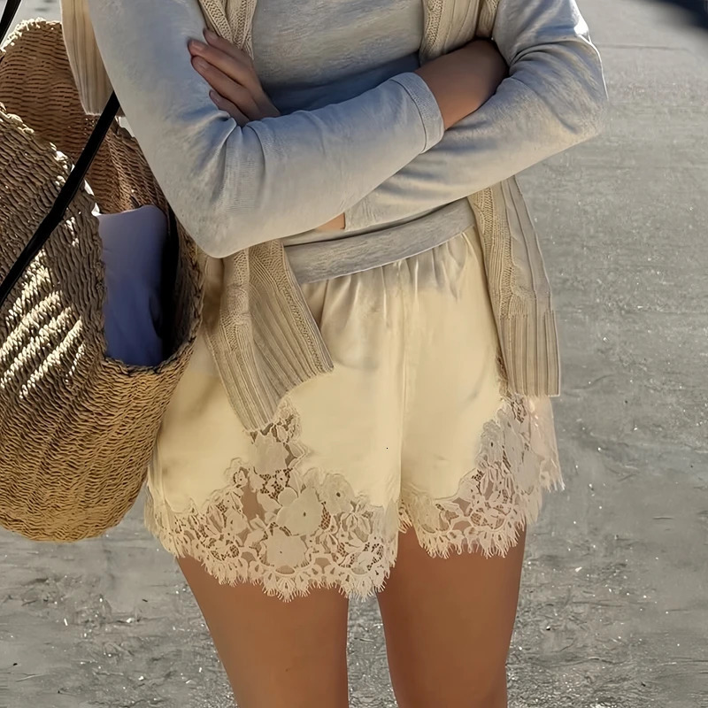 Satin Silk Lace Patchwork Shorts Women Vintage High Rise Lounge Knickers Comfy Soft Silky Pajamas Bottoms Elegant Sleep Shorts 251016