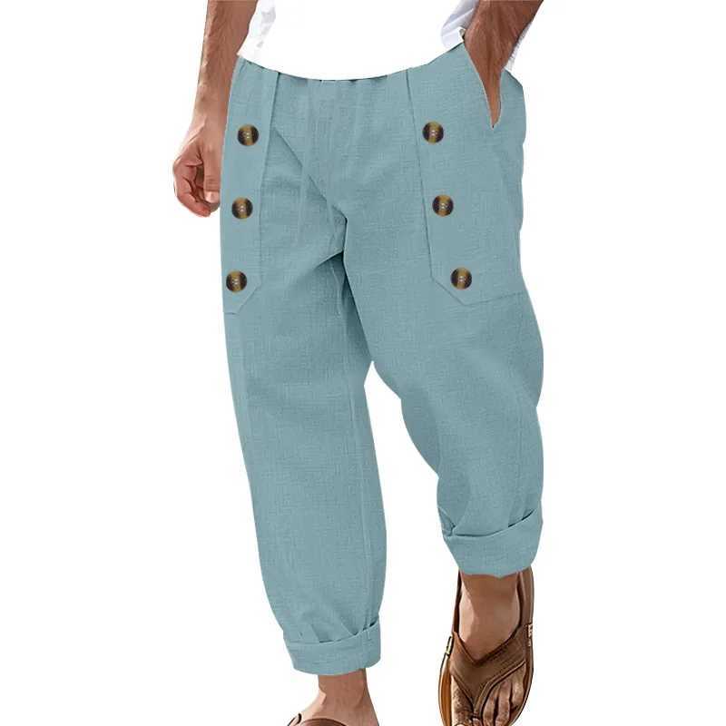 2025 American Casual Beach Men Casual Multibutton Cotton Linen Loose Trousers J251203