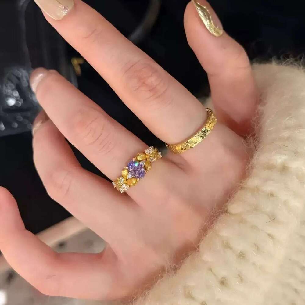 French Style Nine Purple Fire Wattle Flower Vintage Light Luxury Niche Fashion Versatile Handmade Brushed Ring ddmypluto