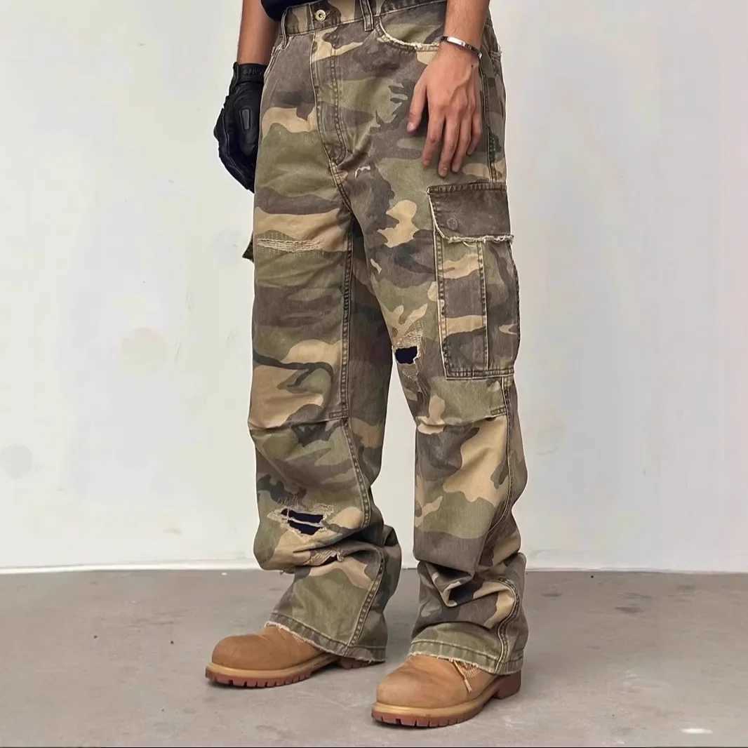 Washed American Street Camouflage Workwear Jeans High Street Style Casual Straight Leg Torn Trendy Long Pants for Men J251016