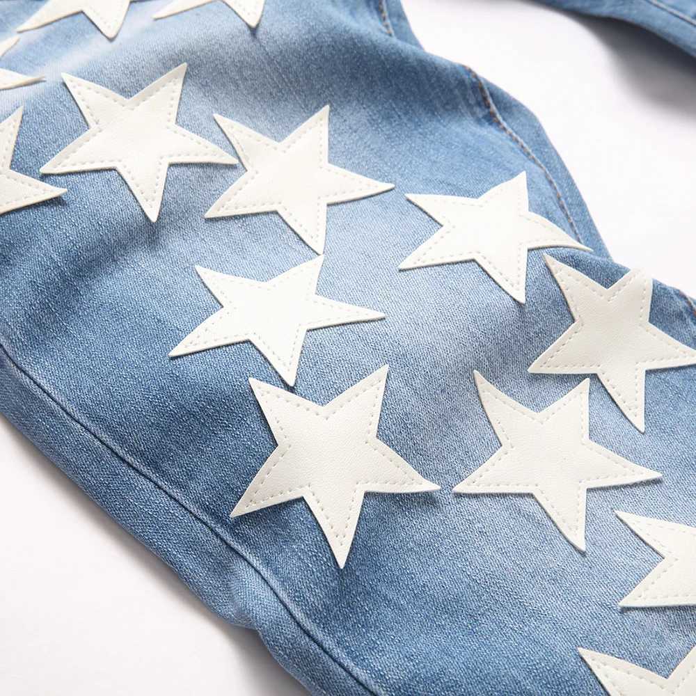 Men Stars Denim Jeans Streetwear Leather Patches Pants Casual Slim Tapered Stretch Trousers J251016