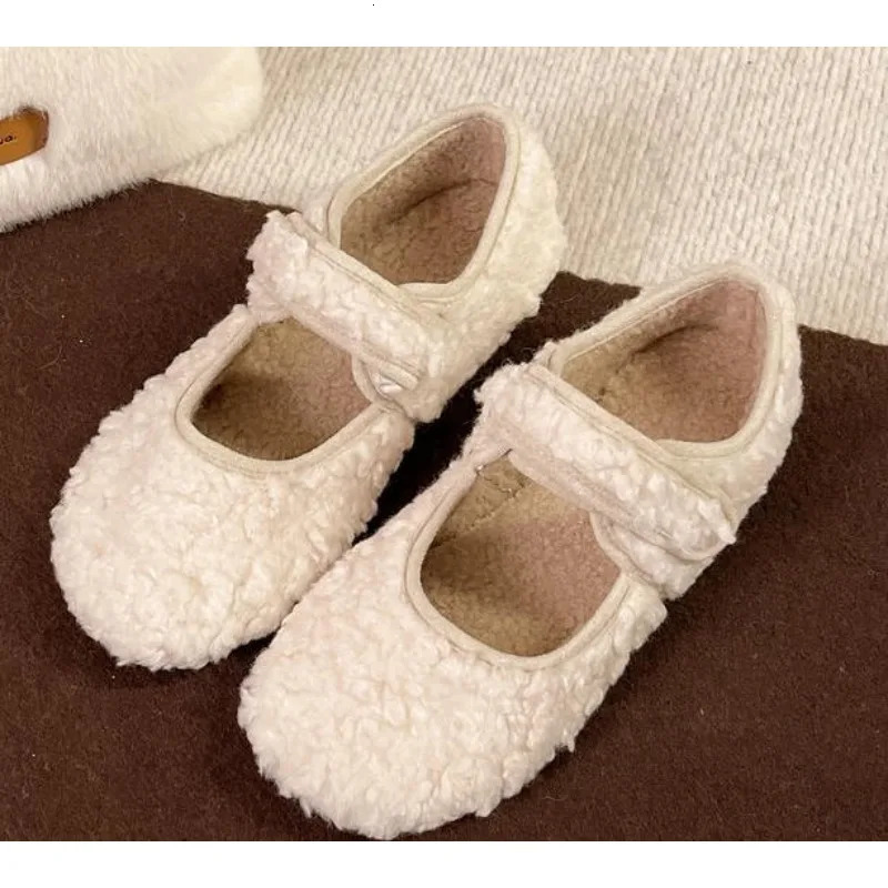 Womens Shearling Ballet Flats with Strap Warm Rabbit Fur Plush Lined Crystal Buckle Mary Jane Flat Shoes 251013