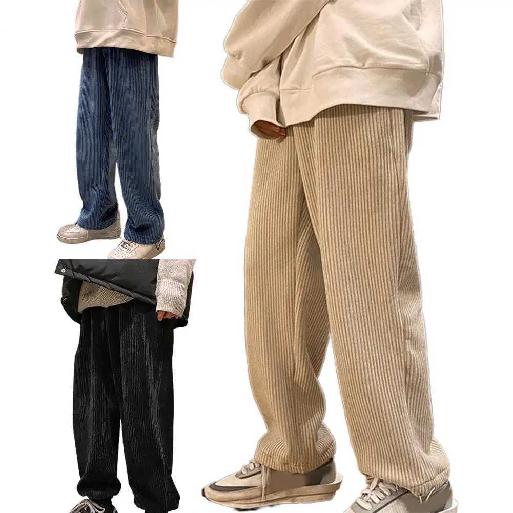 Casual Men Pants Tie Leg Solid Corduroy Straight Oversized Trousers High Waist Warm Streetwear Pants Korean pantalones hombre J251203