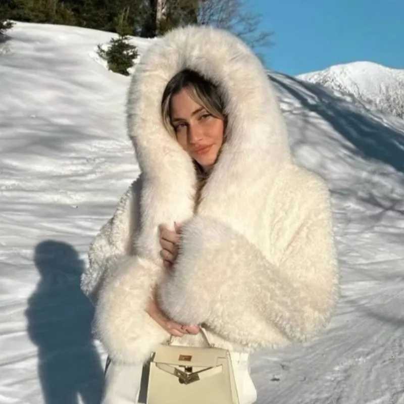 2025 Women Short Hooded Faux Fur Coat Korean Style with Fur Wool Blend Winter Outwear Highwaisted Faux Fur Fluffy Coats Tops W251016
