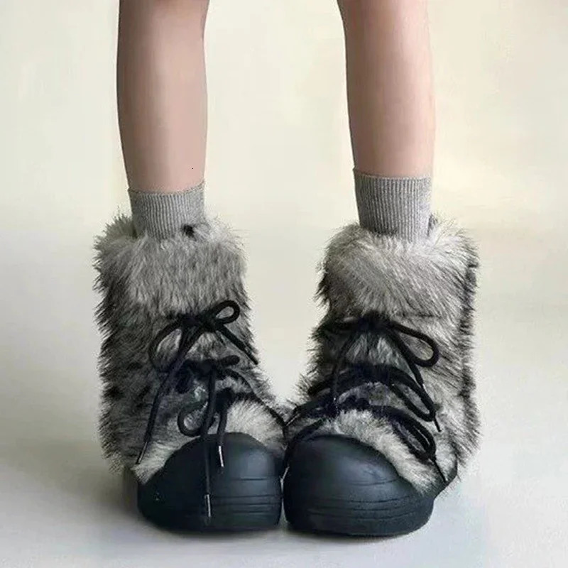 Bow Platform Women Snow Ankle Boots Fur Fashion Short Plush Flats Cotton Shoes Trend Warm Cozy Winter Botas Mujer 251013