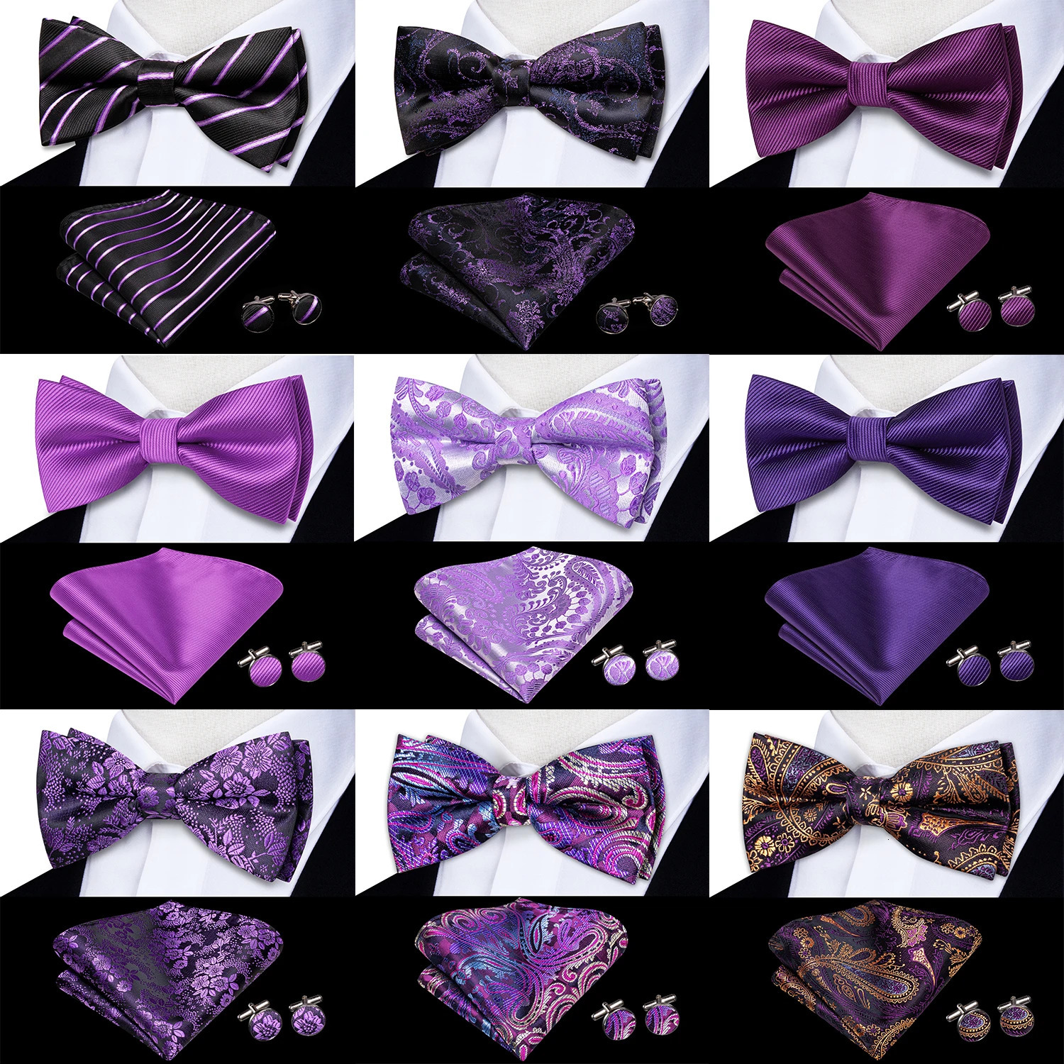 Purple Lilac Lavender Pansy Violet Silk Mens Bow Tie Hanky Cuffs Set Pretied Butterfly Knot Bowtie for Male Wedding Business 251015
