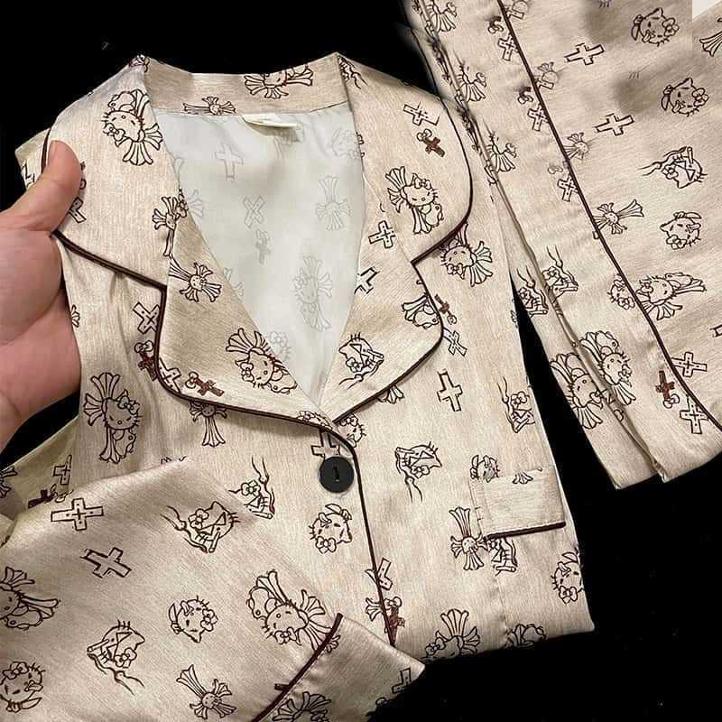 Fashionable home wear 2025 Womens Pajamas Autumn Long Sleeve Ice Silk Korean Pajamas Korean Version Light Luxury Lace Imitation Silk Thin Homewear Set