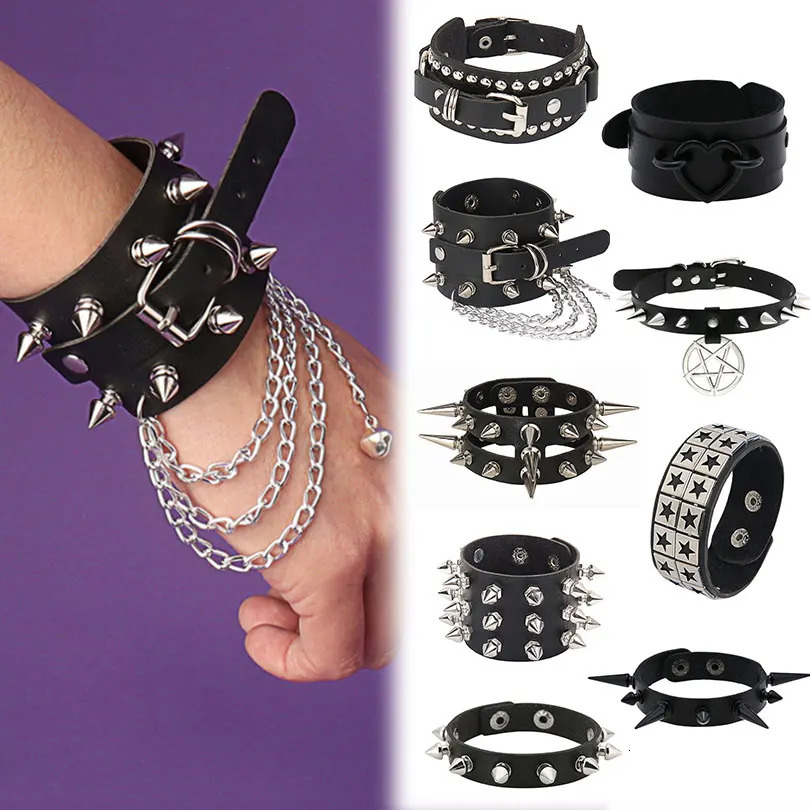 1Pc Cosplay Men Hip Hop Rock PU Leather Wrap Pulseras Vintage Women Punk Spikes Rivets Heart Party Bracelet Jewelry Accessories251013