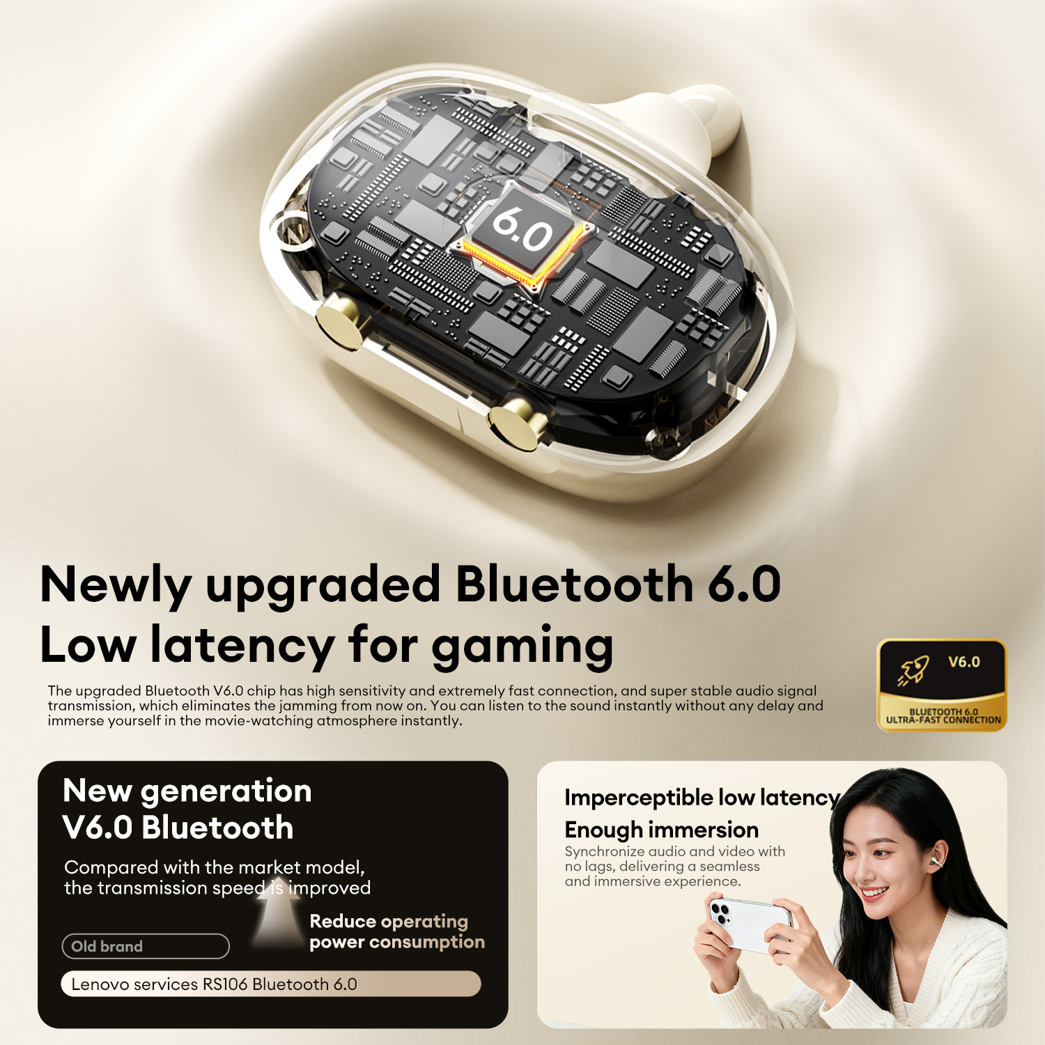 LenovoService Bow-knot design Earring-style Headphones with Mic Wireless clip-on Earbuds Bluetooth 6.0 For Android and Phone RS106 Music Earphones