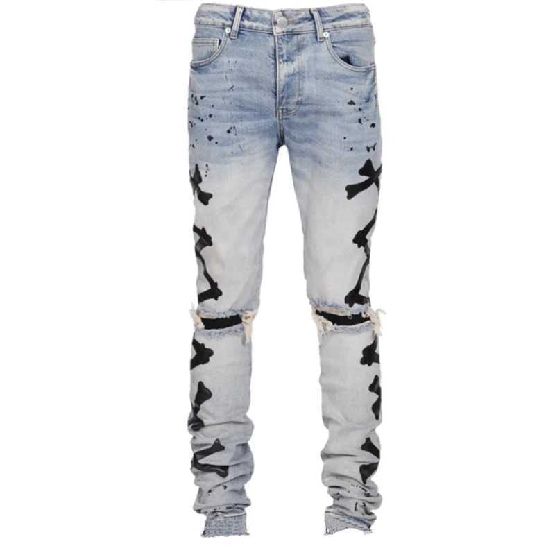 Ripped Jeans For Men Stretch Slim Printed Bones Skinny Pants Men Hip Hop Denim Trousers Streetwear Casual Stacked Jeans Blue J251016