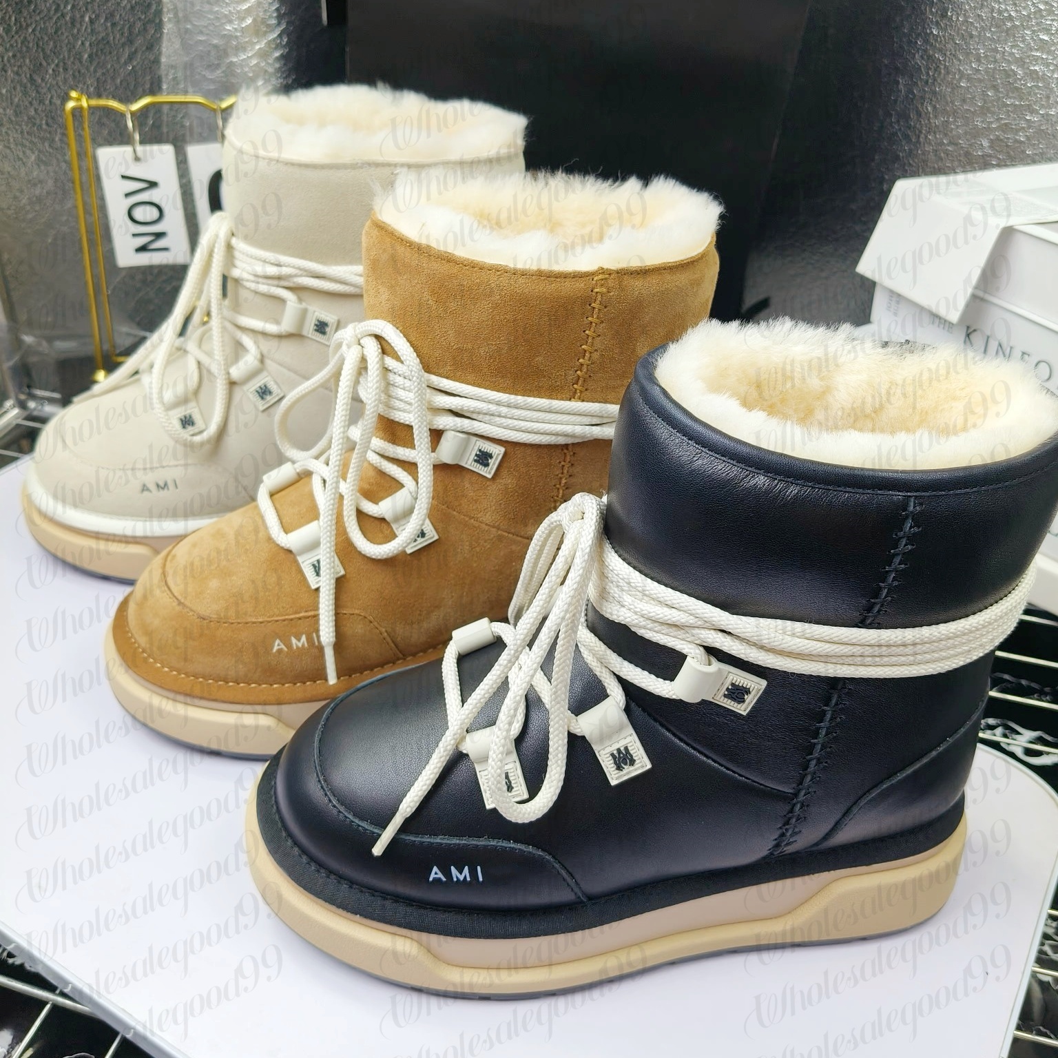 Suede leather Designer Snow boot Womens amishoes Ankle Fur boot Luxury Plush Mini booties Winter Boots Fashion Furry boot Lady Black Brown Sport Casual outdoor shoe