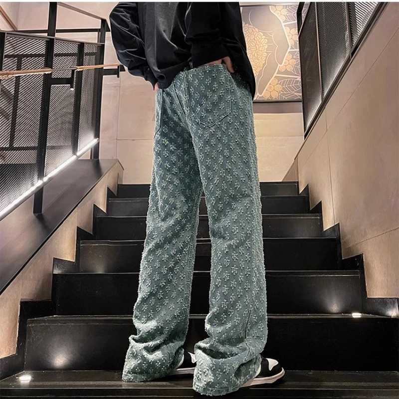 American Street Jeans Men Retro Embroidered Print Denim Trousers Fashion Brand Jacquard Design Mens Y2K Wide Legs Hip Hop Jeans J251016