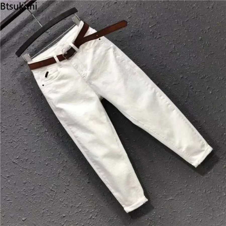 New 2025 Basic Womens Casual Jeans Pants Solid High Waist Harem Pants Female White Black Slight Strech Denim Pant Woman L4XL W251015
