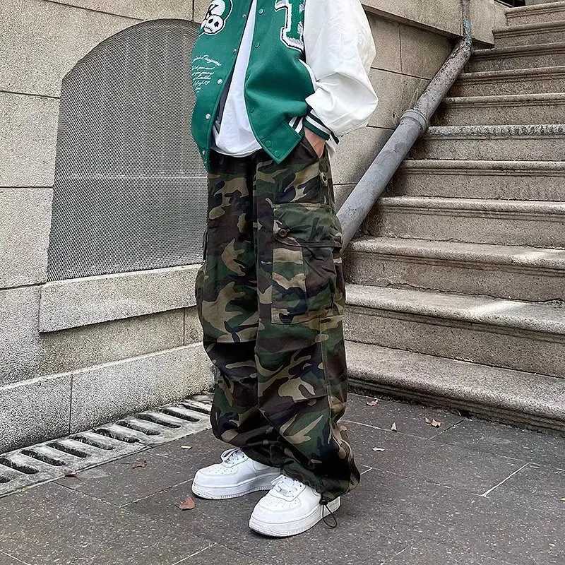 Military Camo Cargo Pants Mens Hip Hop Streetwear Baggy Trousers High Waist Straight Leg Retro Joggers Casual Fashion Trendy J251203