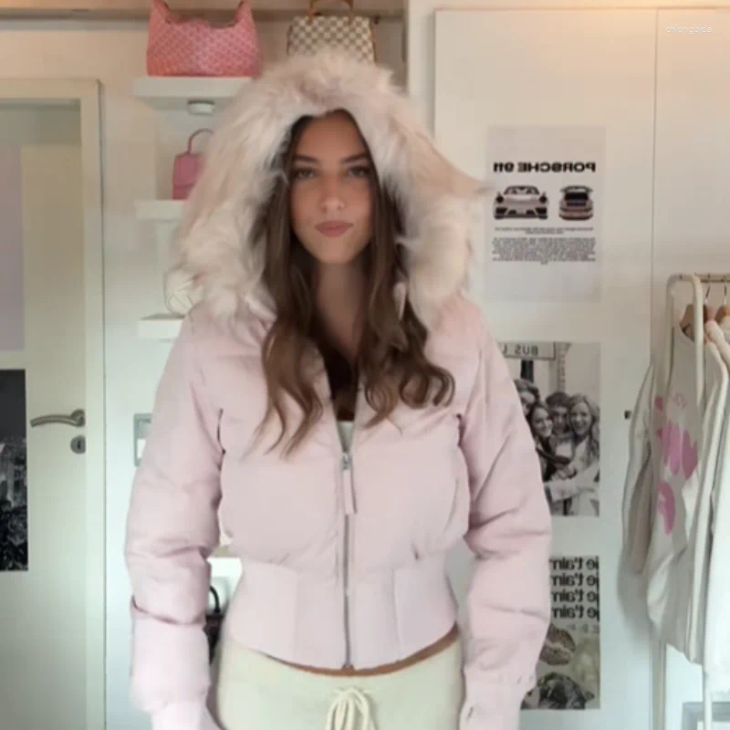 Women's Jackets Chic Fur Collar Hooded Cotton Jacket Solid Zipper Slim Waist Pocket Warm Thick Coat 2025 Winter Autumn Female Outerwear