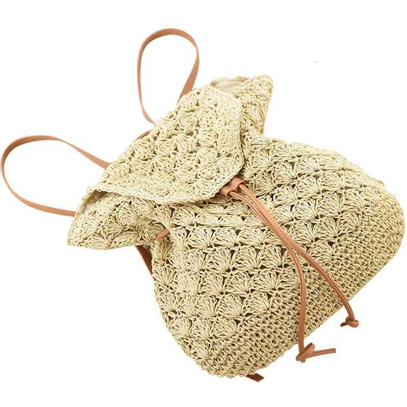 Beach Womens Backpacks Summer Straw Bags Drawstring Hollow Out Handmade Knitted Travel Backpack Design For Girls B018T251016