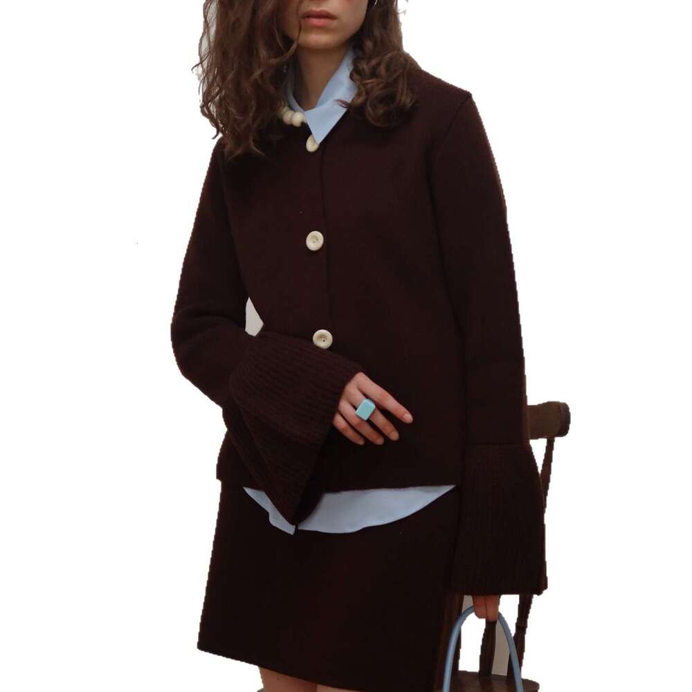 Early Autumn Lazy Style Bell Sleeve Round Neck Knitted Cardigan Versatile Loose Simple Casual Sweater Coat Elegant Women's Clothing B5