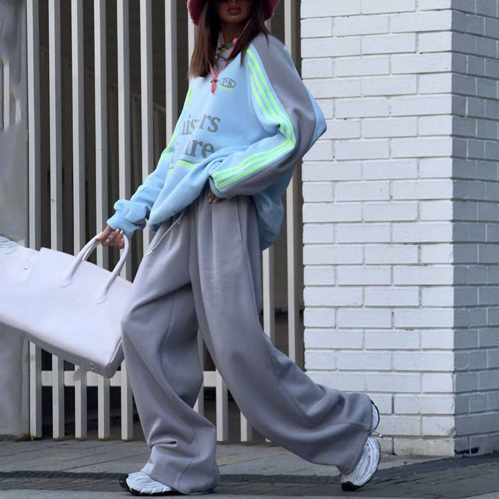 American Street Style Color-Block Printed Sports Sweatshirt Set For Women, Round Neck Loose Long Sleeve Pullover Top With Drawstring Wide-Leg Pants B5