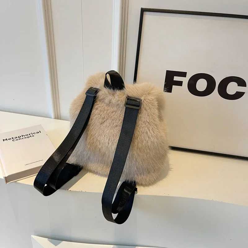 2026 Luxury Faux Fur Backpack Womens Clamping Drawstring Flap Bag Magnetic Closure Large Capacity for School TravelT251016