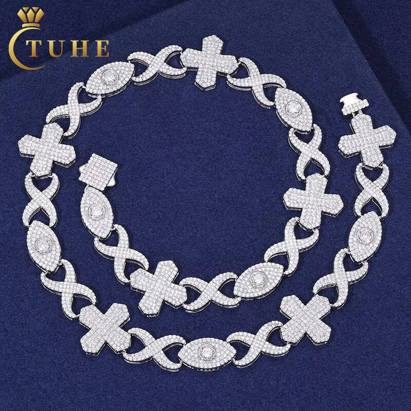 Hip Hop Jewelry Men White Gold Plated 12mm 925 Sterling Silver Paved Iced Out Moissanite Cross Evil Eye Cuban Link Chain