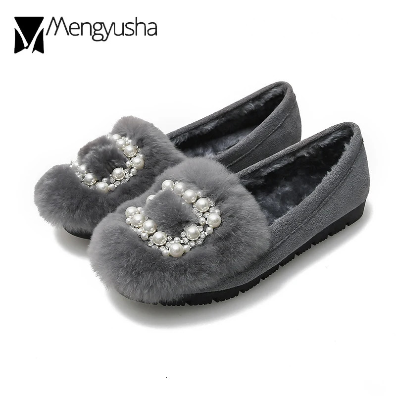 Real Rabbit Fur Shoes Woman Winter Plush Cotton Flats String Beaded Buckle Loafers Ladies Plus Size Moccasins Fleeces Snow Shoes 251013