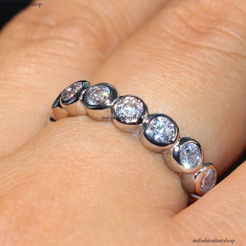 Cute Fashion Jewelry Sterling Sier Brand Desgin White Topaz CZ Dia Gemstones Party Women Wedding Circle Band Ring SetGift