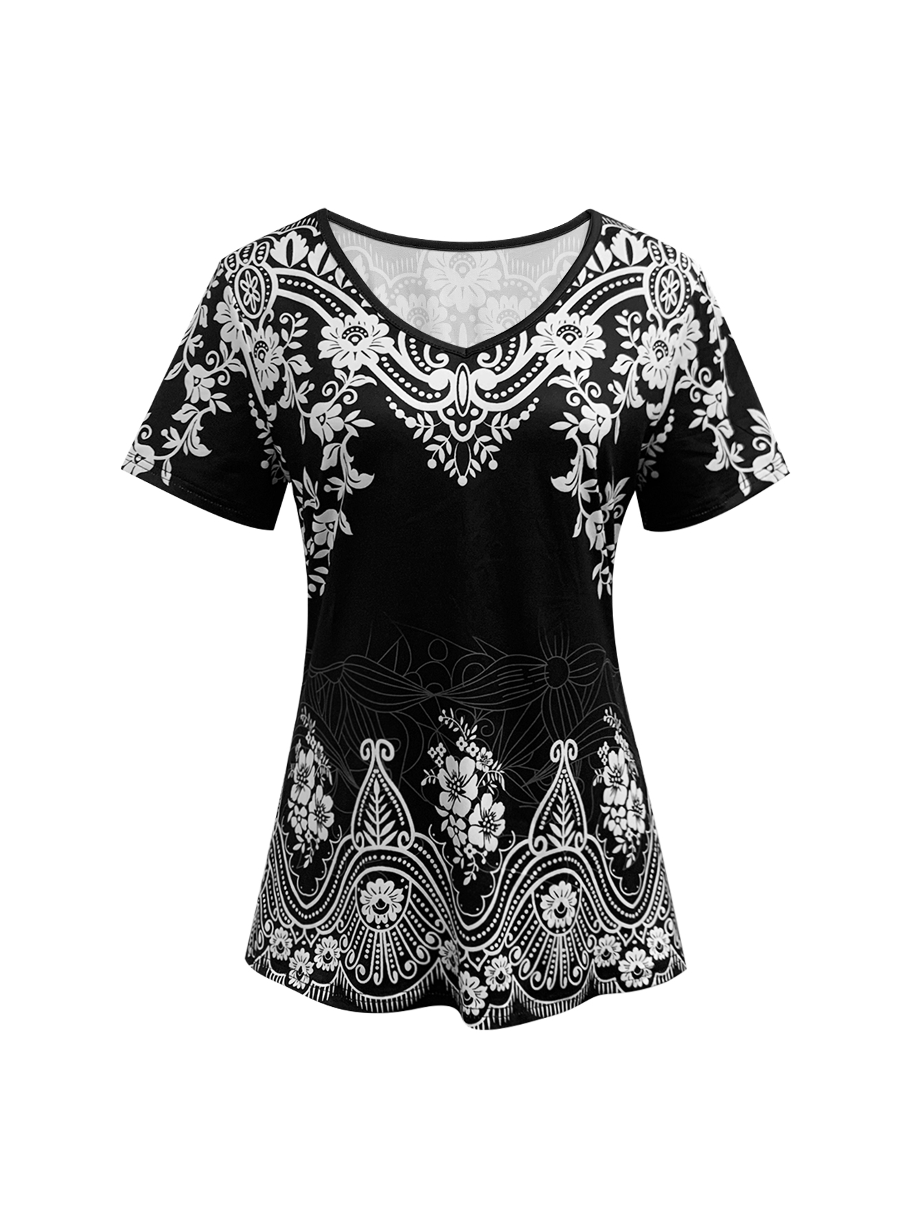 Women's Summer Fashion Vacation Floral Printed V-Neck Short Sleeve Milk Silk T-Shirt - Black-CF50614