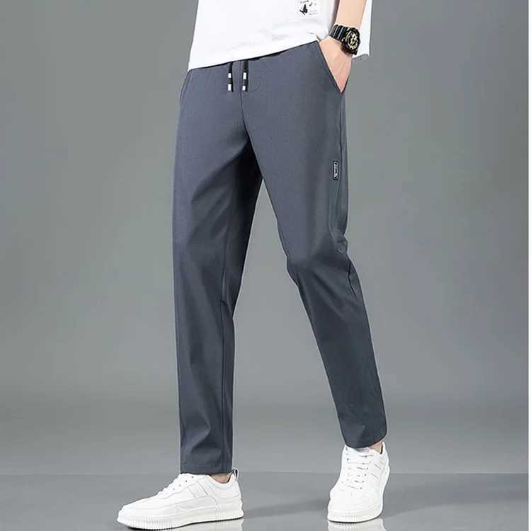 Summer Ice Silk Mens Pants Black Gray Thin Business Casual Pants Plus Size Outdoor Elastic Breathable Straight Leg Sweatpants J251203