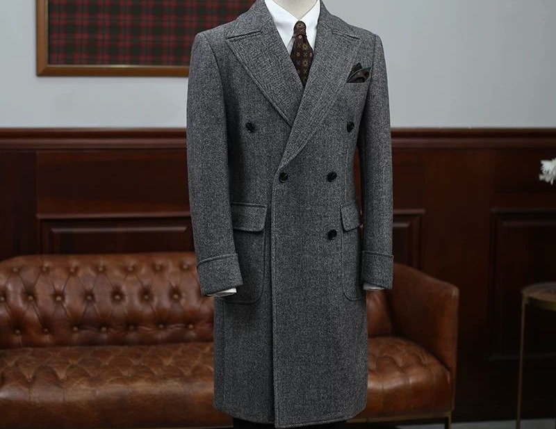 British Style Coat Autumn Winter Jacket Herringbone Pattern New Mens Slim Fit Trench Coat MidLength Woolen Coat Double Breasted 241228Z
