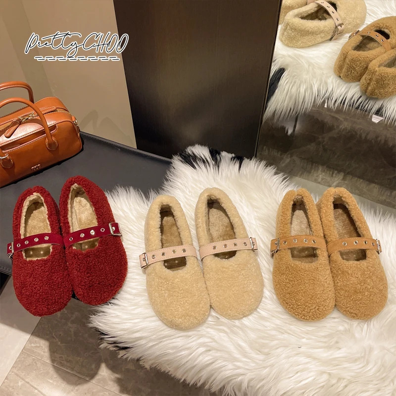 Deep Red Round Toe Lambswool Ballet Flats Woman Warm Plush Belt Buckle Mary Jane Shoes Ladies Fluffy Shallow Loafer 251013
