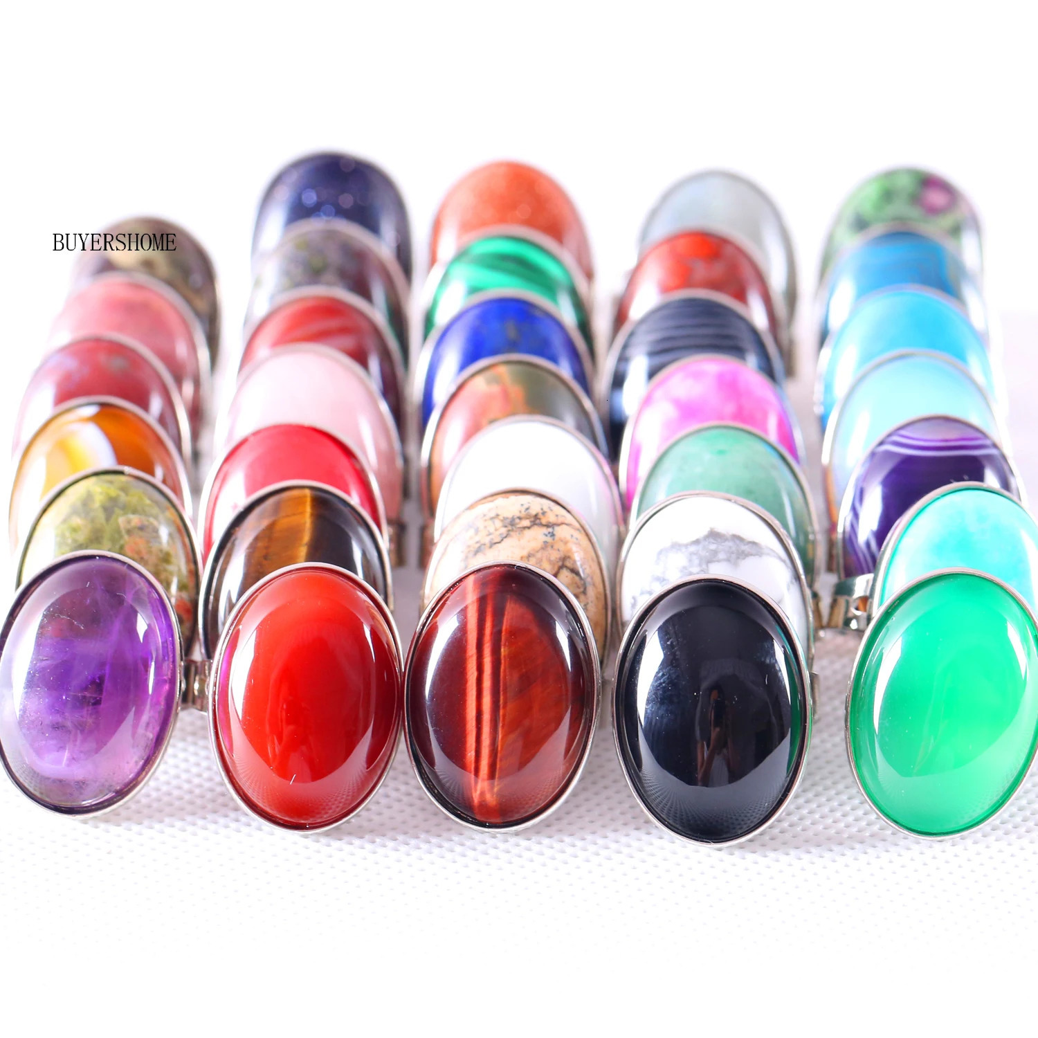 Pink Crystal Finger Ring Natural Stone Oval CAB Cabochon Bead White Opal Rhodonite Malachite Onyx Adjustable Ring For Women Man 251009