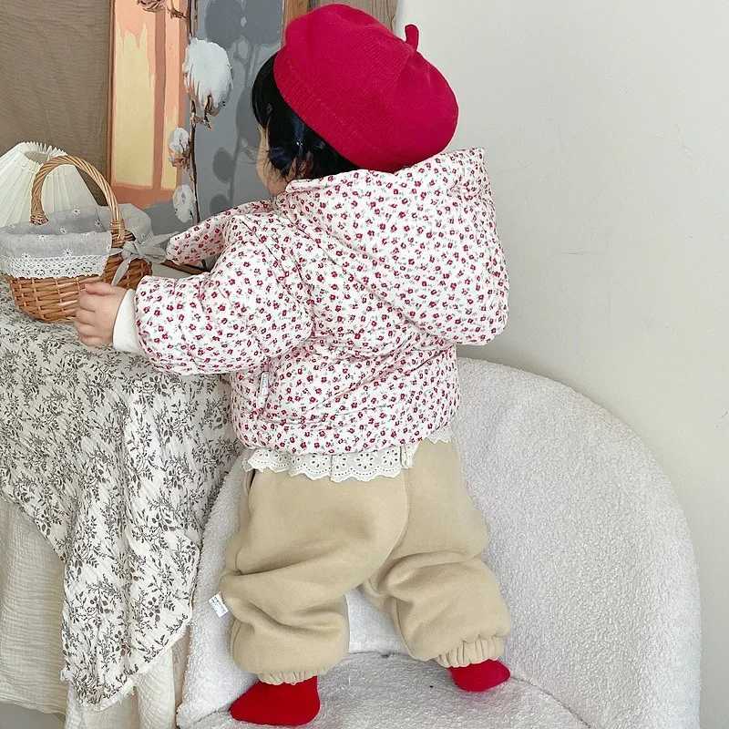 Baby Girls Korean Version Thick Floral Cotton Coat Winter Little Girls Stylish Hooded Scarf Warm Jacket Winter Cotton CoatT251016