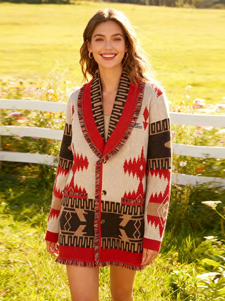 Print Knitted Tassel Short Sweater Women Vneck Full Sleeve Lace Up Cardigan 2025 Autumn Elegant Female Daily Casual Outerwear 251011