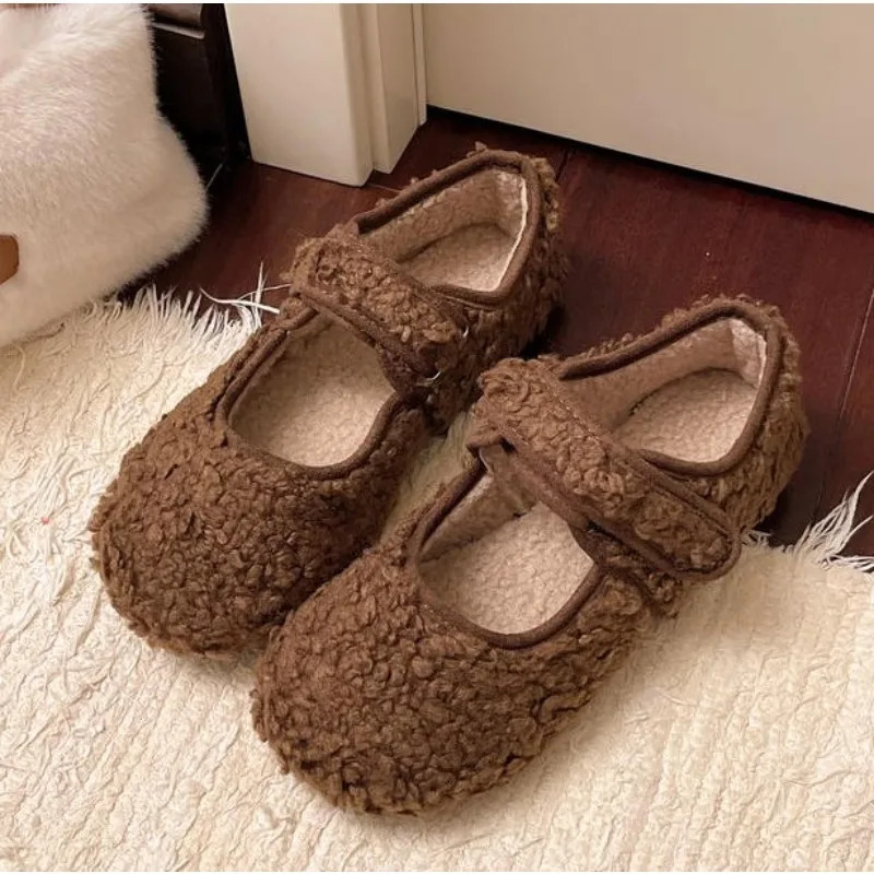 Womens Shearling Ballet Flats with Strap Warm Rabbit Fur Plush Lined Crystal Buckle Mary Jane Flat Shoes 251013