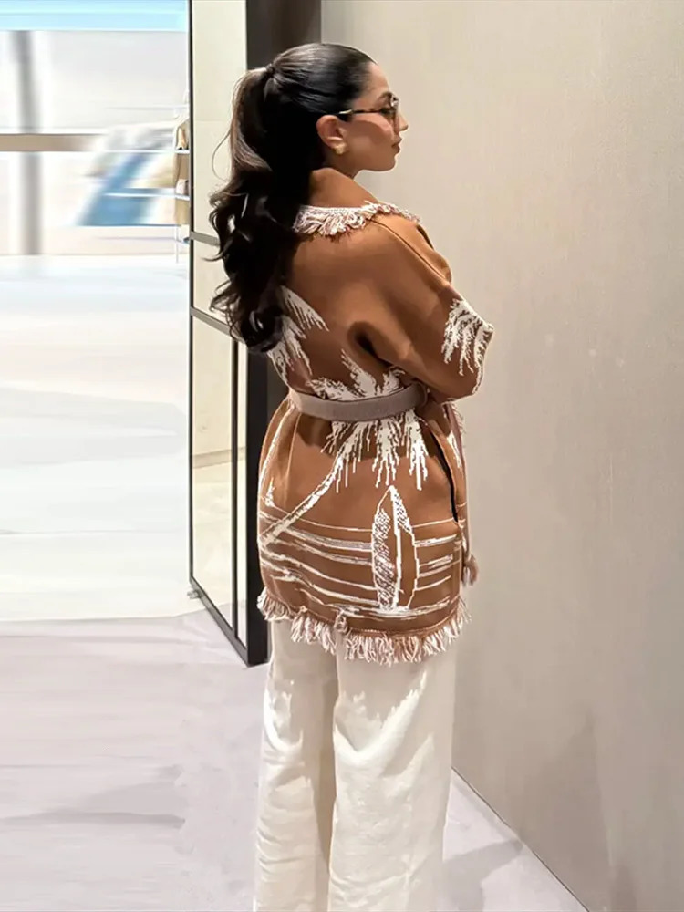 Print Knitted Tassel Short Sweater Women Vneck Full Sleeve Lace Up Cardigan 2025 Autumn Elegant Female Daily Casual Outerwear 251011