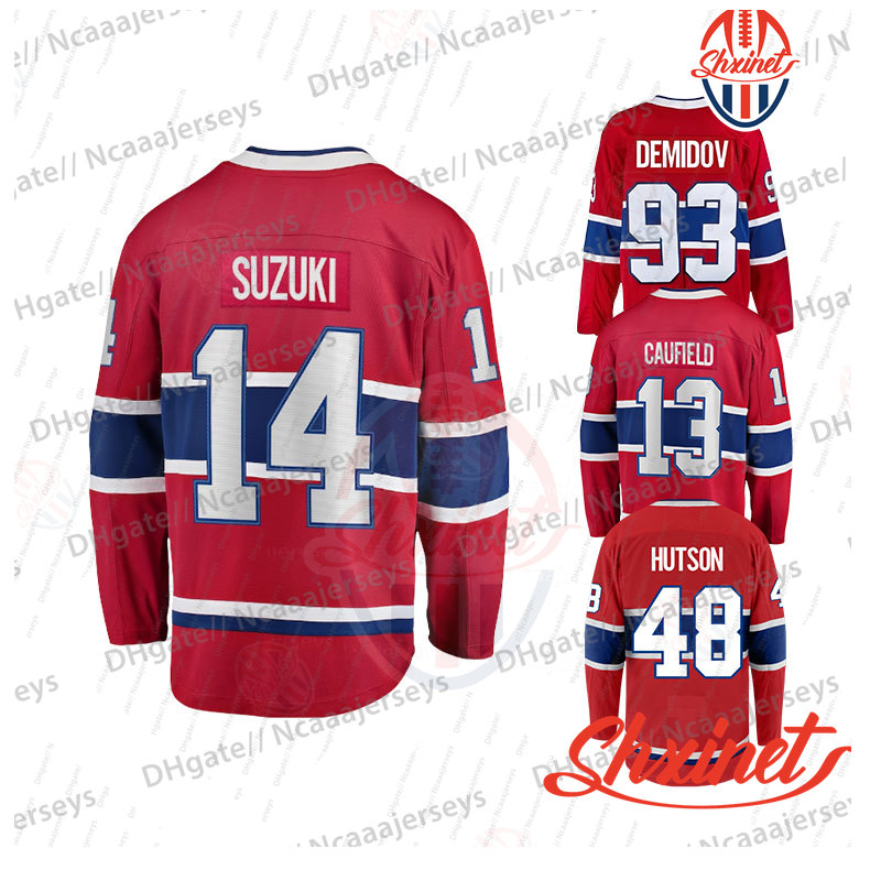 Stitched Hockey Fan Jerseys: Demidov, Hutson, Caufield, Suzuki, Slafkovsky - Red Color, Sizes S-XXXL
