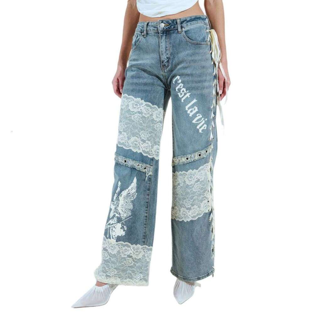 American High Street Hot Girl Low Waist Jeans Lace Stitching Design Sense Trendy Personality Straight Long Pants Women Spring B5