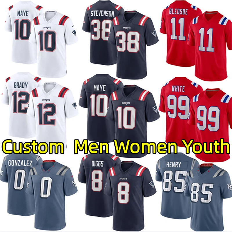 Patriot 25 26 Custom Football Jerseys Drake Maye Christian Gonzalez Keion White Rhamondre Stevenson Stefon Diggs Tom Brady Mike Vrabel Men Women Youth Jersey